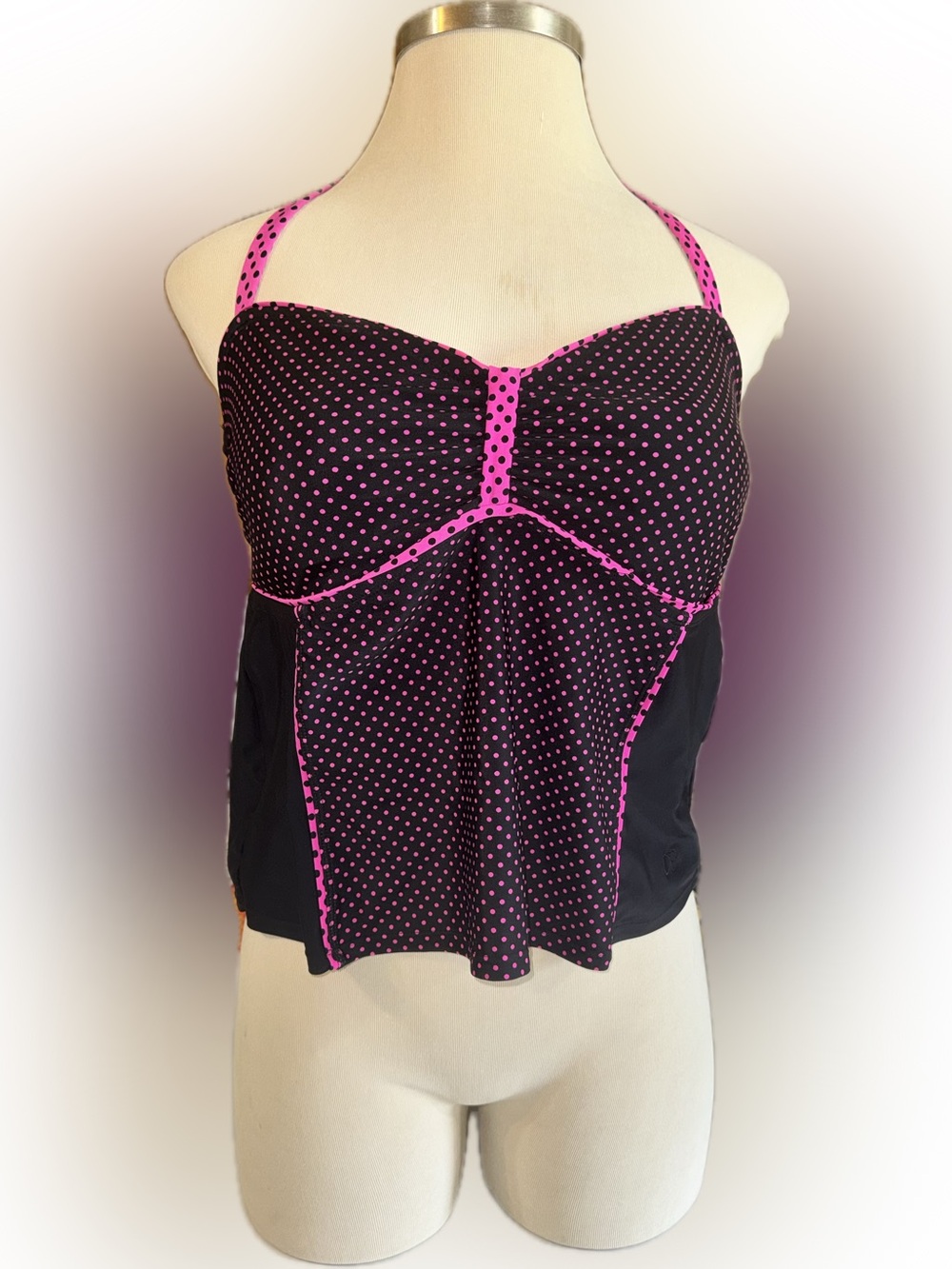 Women’s Y2K Ocean Pacific OP  Black Tankini Bandeau with Hot Pink Polka Dots